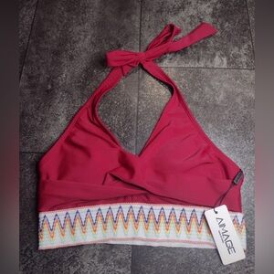 New! AIMAGE Maroon Halter Bikini Top with Colorful Zig Zags Band
